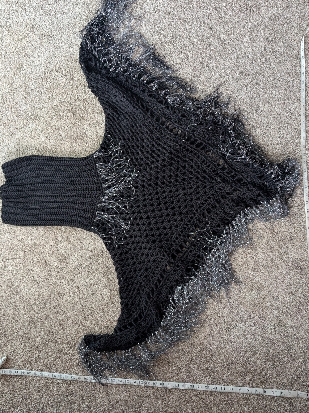 Handmade Black Fringe Crochet Sweater Poncho - Women's